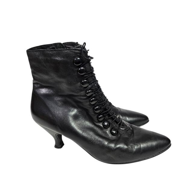 Vintage Poppies Leather Granny Boots Black Ankle Booties Pointy Kitten Heel 7.5 - Picture 14 of 16